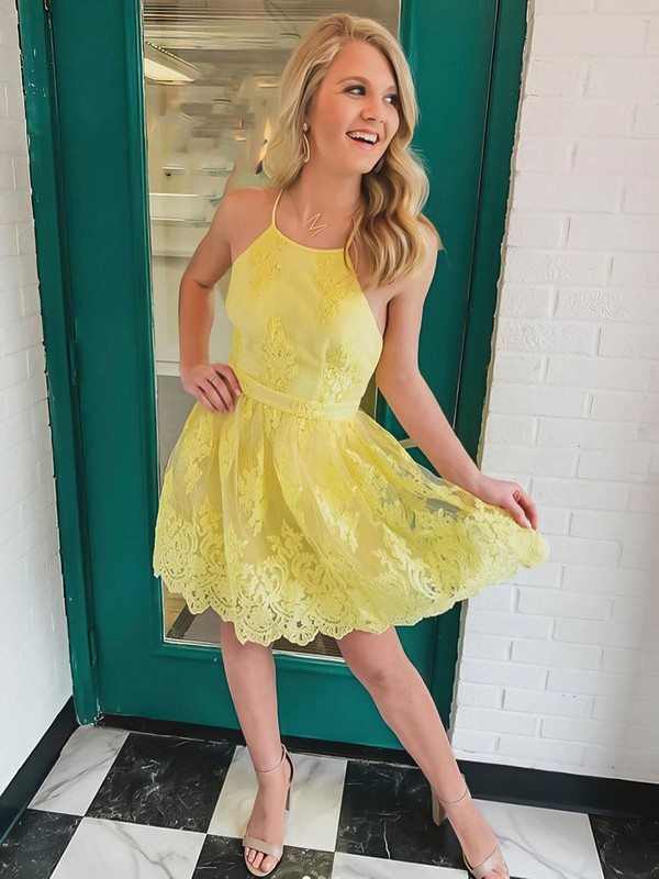 Tulle Square Neckline A-line Short/Mini Appliques Lace Prom Dresses #LDB020107014