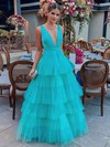 Tulle V-neck A-line Floor-length Tiered Prom Dresses #LDB020107017