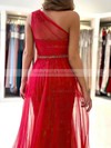 Tulle One Shoulder A-line Sweep Train Beading Prom Dresses #LDB020107020