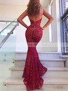 Lace V-neck Trumpet/Mermaid Sweep Train Crystal Detailing Prom Dresses #LDB020107022