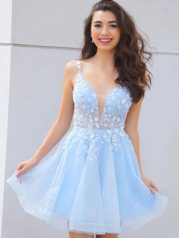 Tulle V-neck A-line Short/Mini Appliques Lace Prom Dresses #LDB020107027
