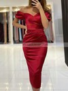 Silk-like Satin Off-the-shoulder Sheath/Column Tea-length Ruffles Prom Dresses #LDB020107032