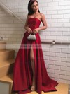 Satin Strapless A-line Sweep Train Split Front Prom Dresses #LDB020107034