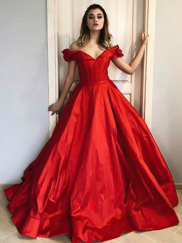 Satin Off-the-shoulder Ball Gown Court Train Sashes / Ribbons Prom Dresses #LDB020107058
