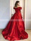 Satin Off-the-shoulder Ball Gown Court Train Sashes / Ribbons Prom Dresses #LDB020107058