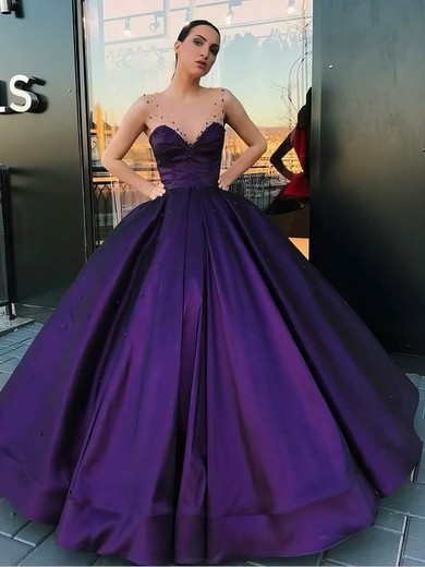 Satin Scoop Neck Ball Gown Sweep Train Pearl Detailing Prom Dresses #LDB020107068