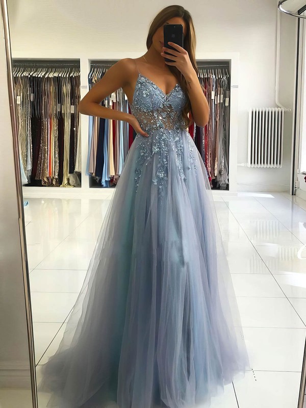 Tulle V-neck A-line Sweep Train Beading Prom Dresses #LDB020107079