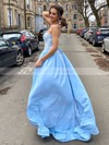 Satin V-neck A-line Sweep Train Appliques Lace Prom Dresses #LDB020107081