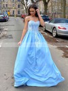 Satin V-neck A-line Sweep Train Appliques Lace Prom Dresses #LDB020107081