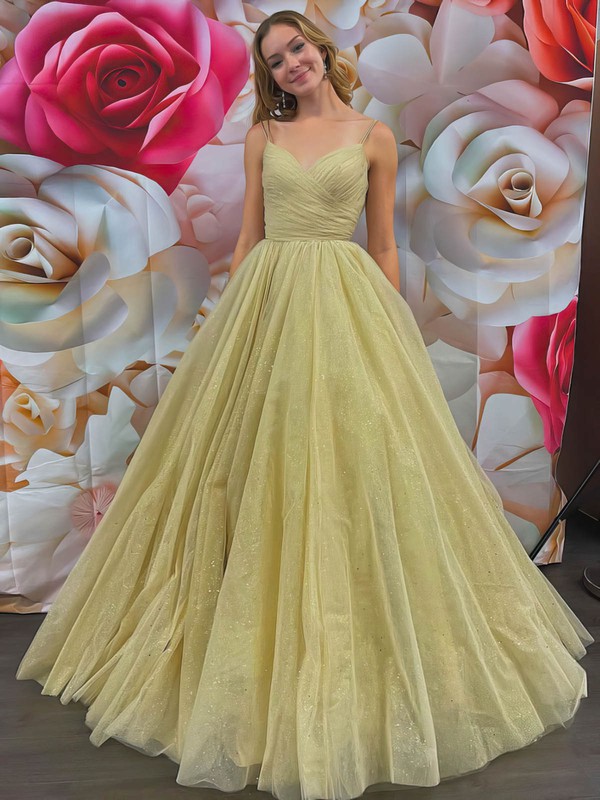 Glitter V-neck Ball Gown Sweep Train Ruffles Prom Dresses #LDB020107082