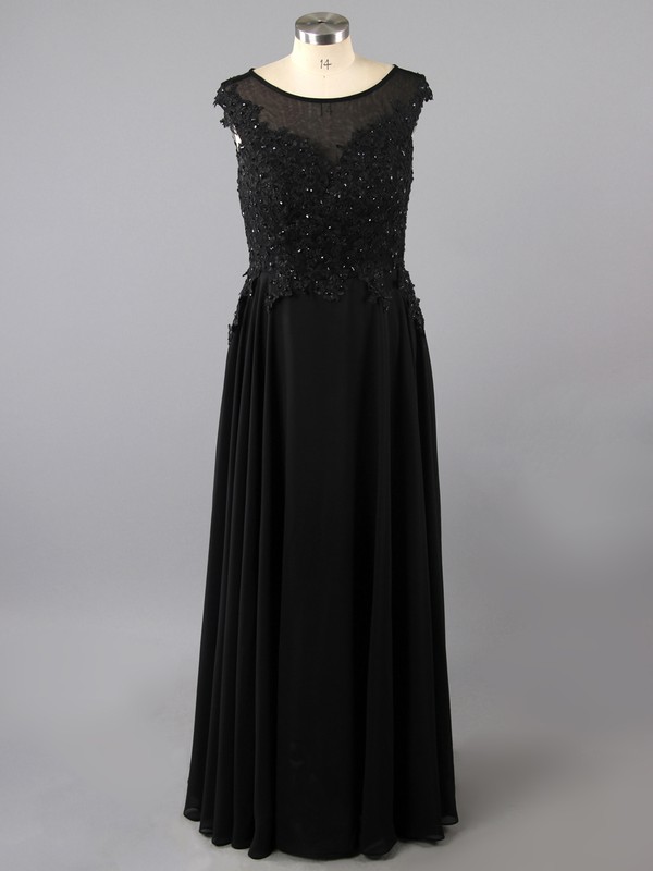 Black Chiffon Tulle with Appliques Lace Cap Straps Casual Scoop Neck Prom Dress #LDB02016103