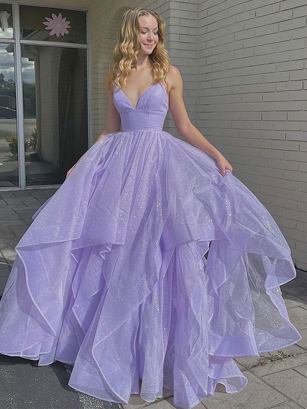 Glitter V-neck Ball Gown Sweep Train Tiered Prom Dresses #LDB020107129
