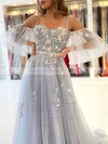 Tulle Off-the-shoulder A-line Sweep Train Sashes / Ribbons Prom Dresses #LDB020107169