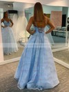 Satin Tulle V-neck Ball Gown Sweep Train Beading Prom Dresses #LDB020107172