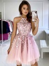 Tulle Halter A-line Short/Mini Appliques Lace Prom Dresses #LDB020107179