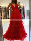 Tulle V-neck A-line Sweep Train Tiered Prom Dresses #LDB020107195