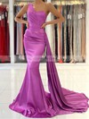 Silk-like Satin One Shoulder Trumpet/Mermaid Sweep Train Ruffles Prom Dresses #LDB020107196