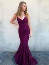 Lace V-neck Trumpet/Mermaid Sweep Train Beading Prom Dresses #LDB020107199