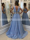 Silk-like Satin V-neck A-line Sweep Train Beading Prom Dresses #LDB020107227