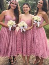Lace V-neck A-line Tea-length Bridesmaid Dresses #LDB01013850