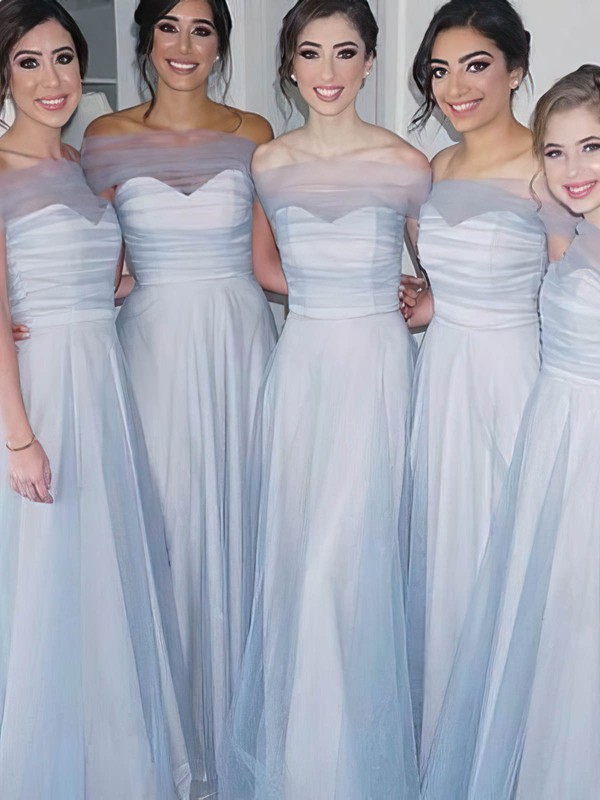 Tulle Strapless A-line Sweep Train Bridesmaid Dresses #LDB01013866