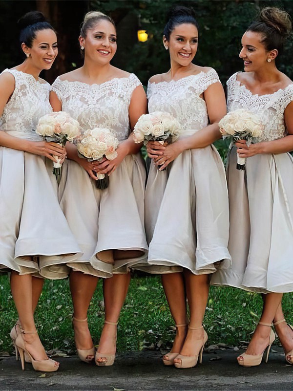 Silk-like Satin Scoop Neck A-line Knee-length Appliques Lace Bridesmaid Dresses #LDB01013869