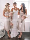 Silk-like Satin V-neck A-line Tea-length Sashes / Ribbons Bridesmaid Dresses #LDB01013882