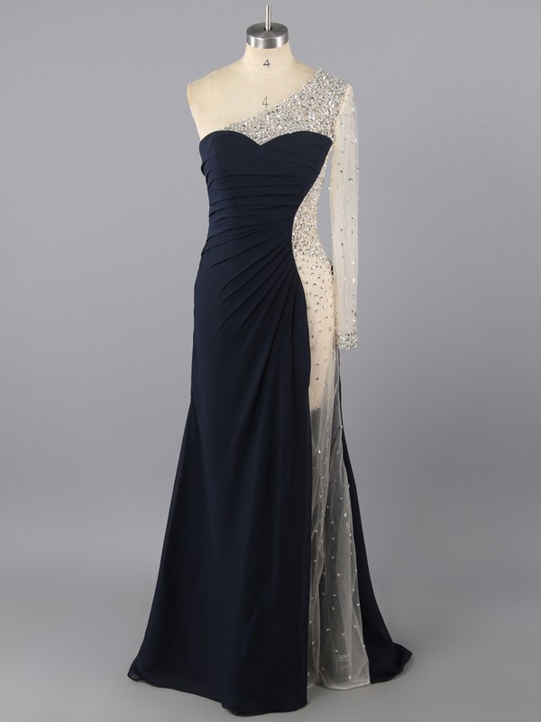 One Shoulder Dark Navy Chiffon Tulle Crystal Detailing Long Sleeve Wholesale Prom Dress #LDB02016113
