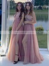 Tulle Glitter V-neck A-line Sweep Train Split Front Bridesmaid Dresses #LDB01013896