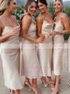 Silk-like Satin Cowl Neck Sheath/Column Tea-length Bridesmaid Dresses #LDB01013898