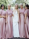 Lace Silk-like Satin Scoop Neck A-line Sweep Train Bridesmaid Dresses #LDB01013904