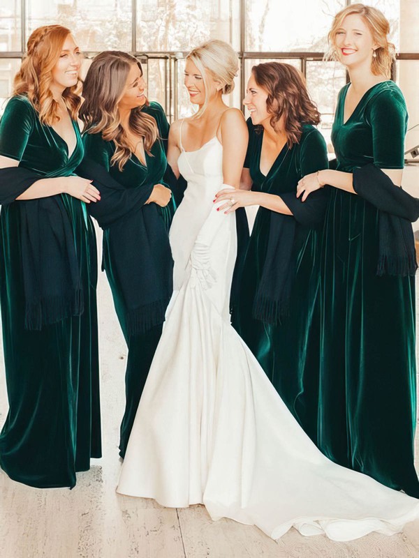 Velvet V-neck A-line Floor-length Bridesmaid Dresses #LDB01013919