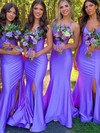 Silk-like Satin V-neck Trumpet/Mermaid Floor-length Split Front Bridesmaid Dresses #LDB01013930