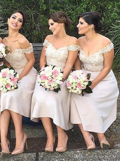Silk-like Satin Off-the-shoulder A-line Tea-length Appliques Lace Bridesmaid Dresses #LDB01014118