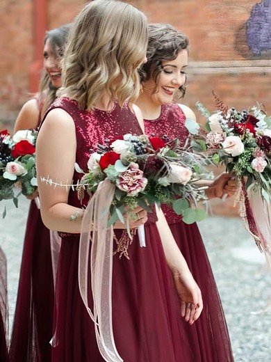 Tulle Sequined Scoop Neck A-line Floor-length Bridesmaid Dresses #LDB01014121