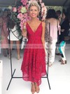 Lace V-neck A-line Tea-length Bridesmaid Dresses #LDB01014129