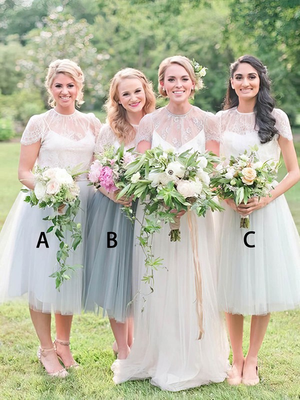 Tulle Scoop Neck A-line Tea-length Appliques Lace Bridesmaid Dresses #LDB01014139