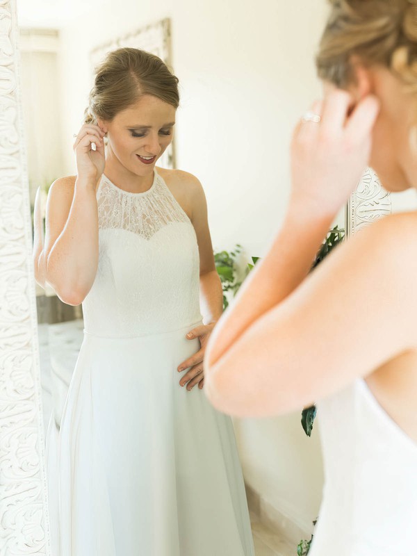 Lace Chiffon Halter A-line Sweep Train Wedding Dresses #LDB00023867
