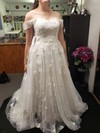 Tulle Off-the-shoulder A-line Sweep Train Appliques Lace Wedding Dresses #LDB00023882