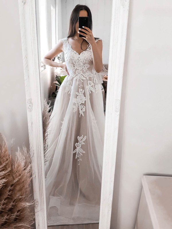 Tulle Scalloped Neck A-line Sweep Train Appliques Lace Wedding Dresses #LDB00023891