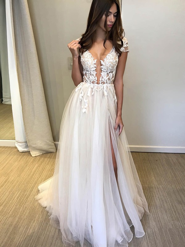 Tulle V-neck A-line Sweep Train Appliques Lace Wedding Dresses #LDB00023912