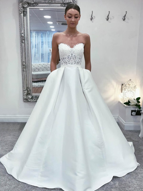 Satin Strapless Ball Gown Court Train Appliques Lace Wedding Dresses #LDB00023913
