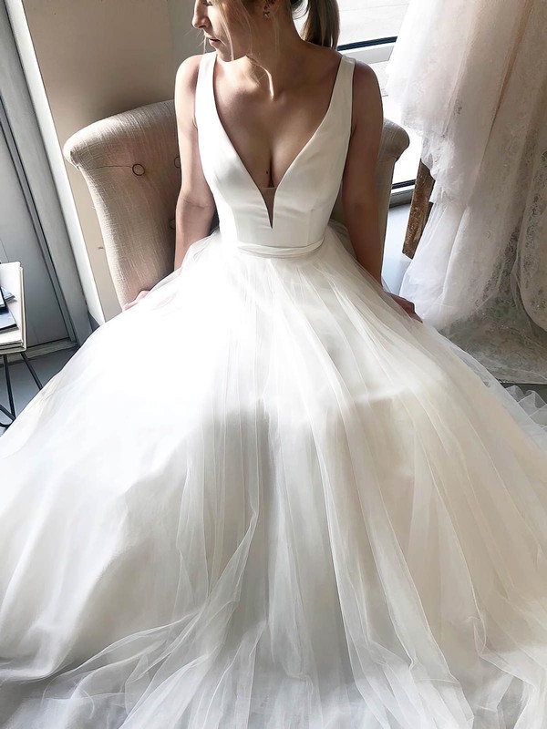 Satin Tulle V-neck A-line Court Train Wedding Dresses #LDB00023914
