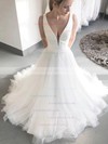Satin Tulle V-neck A-line Court Train Wedding Dresses #LDB00023914