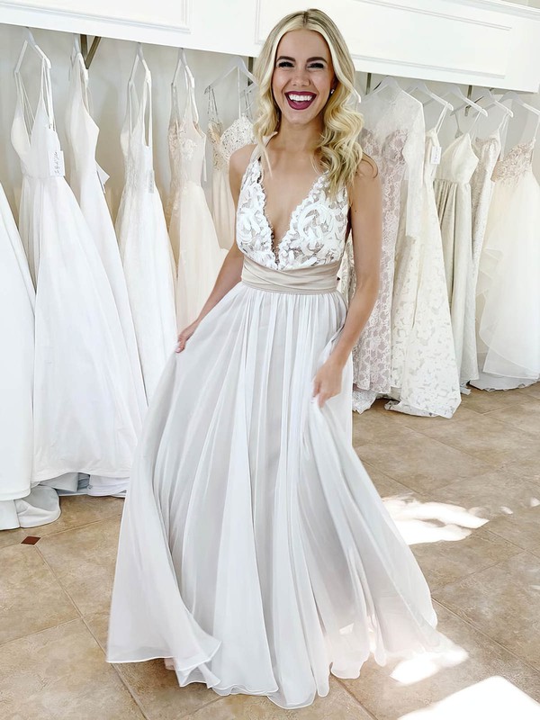 Chiffon V-neck A-line Floor-length Lace Wedding Dresses #LDB00023915