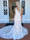Tulle V-neck Trumpet/Mermaid Chapel Train Appliques Lace Wedding Dresses #LDB00023916