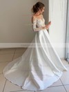 Satin Tulle Scoop Neck A-line Court Train Appliques Lace Wedding Dresses #LDB00023917
