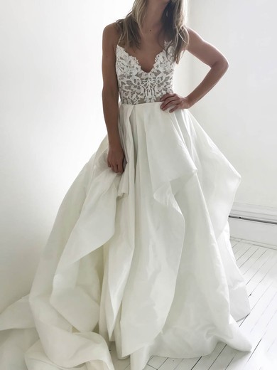 Lace Silk-like Satin V-neck A-line Court Train Cascading Ruffles Wedding Dresses #LDB00023919