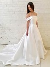 Satin Off-the-shoulder A-line Court Train Wedding Dresses #LDB00023923