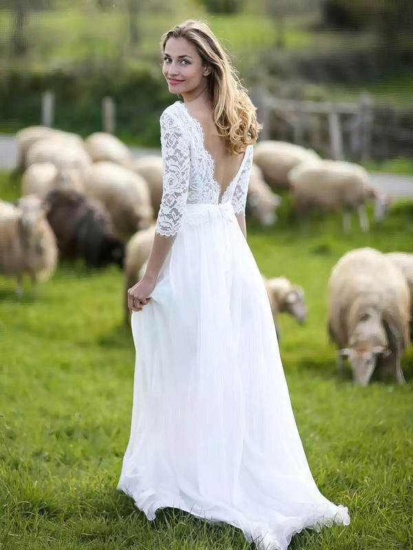 Lace Chiffon V-neck A-line Sweep Train Sashes / Ribbons Wedding Dresses #LDB00023926